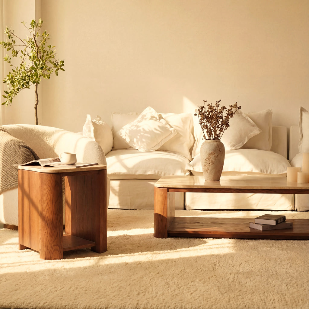 Ovelo Side Table Oak wood with travertine top