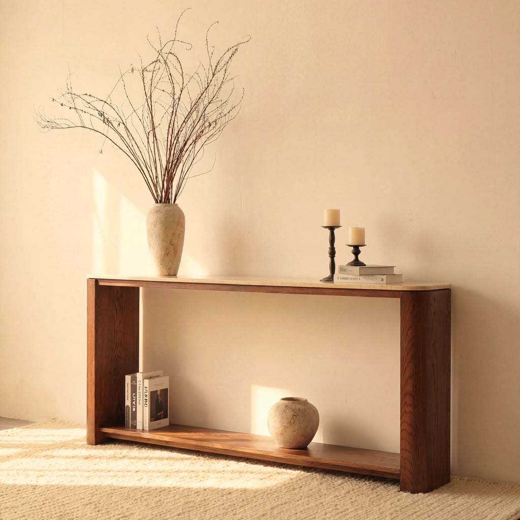 Ovelo Console Table Oak wood with travertine top
