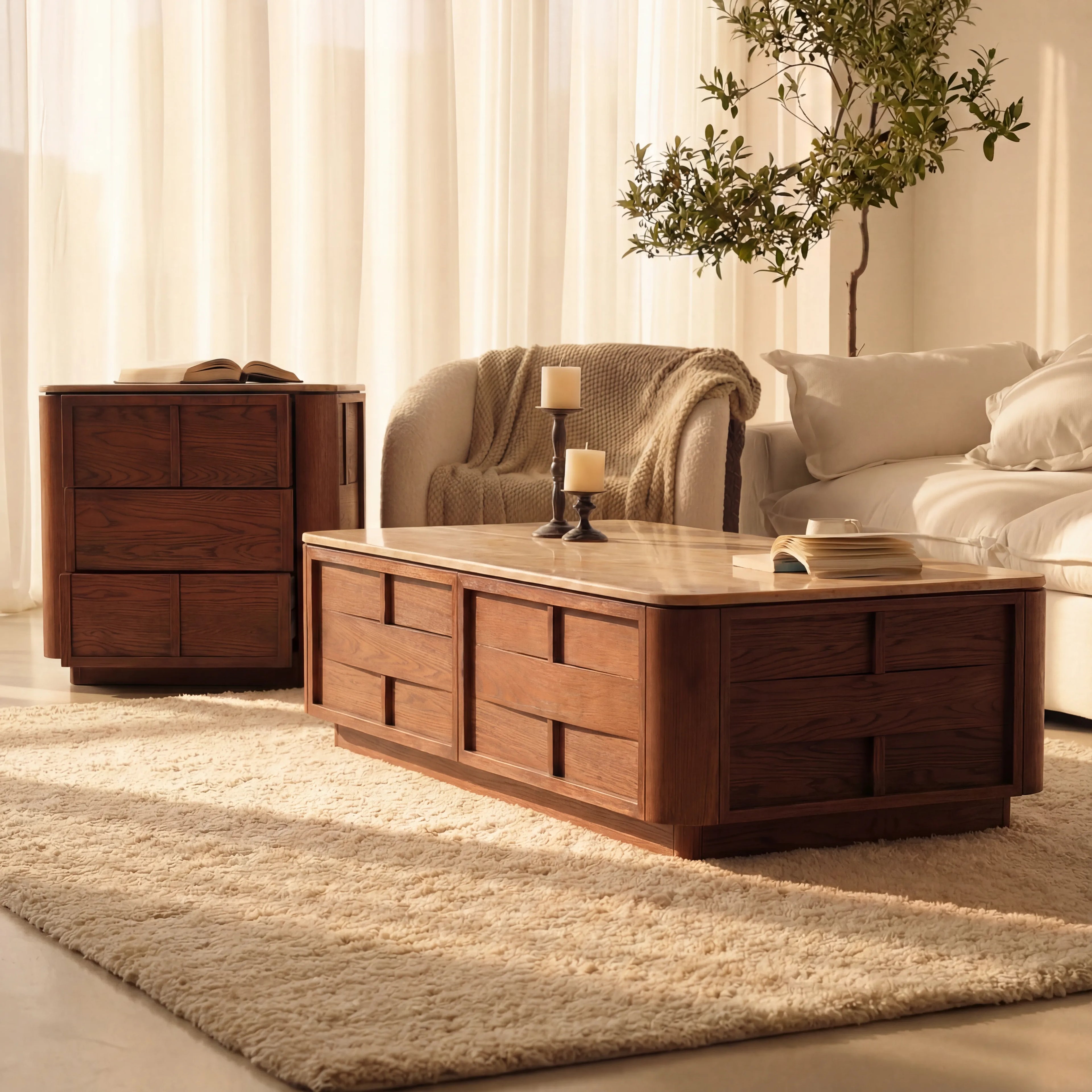 Hearth Coffee Table Oak wood with travertine top