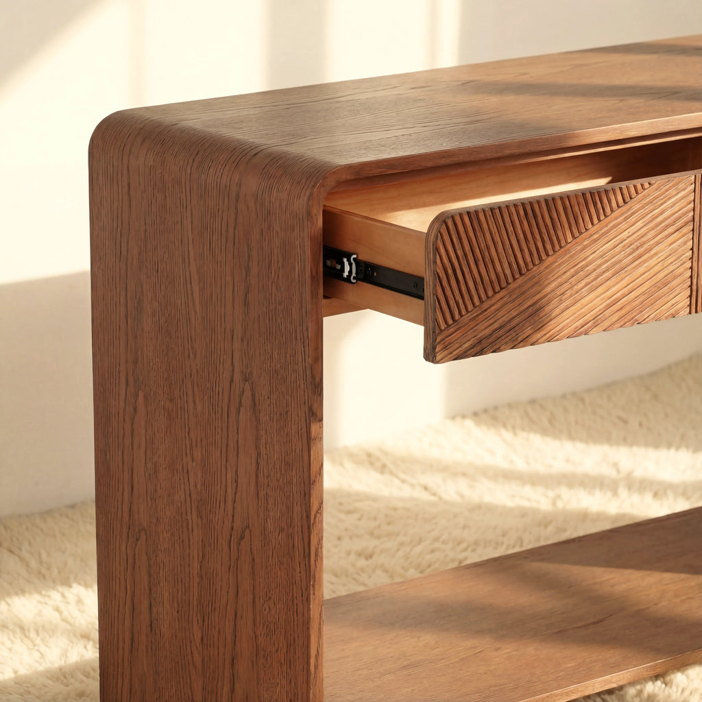VISTA Console Table White oak with sculpted slat detailing