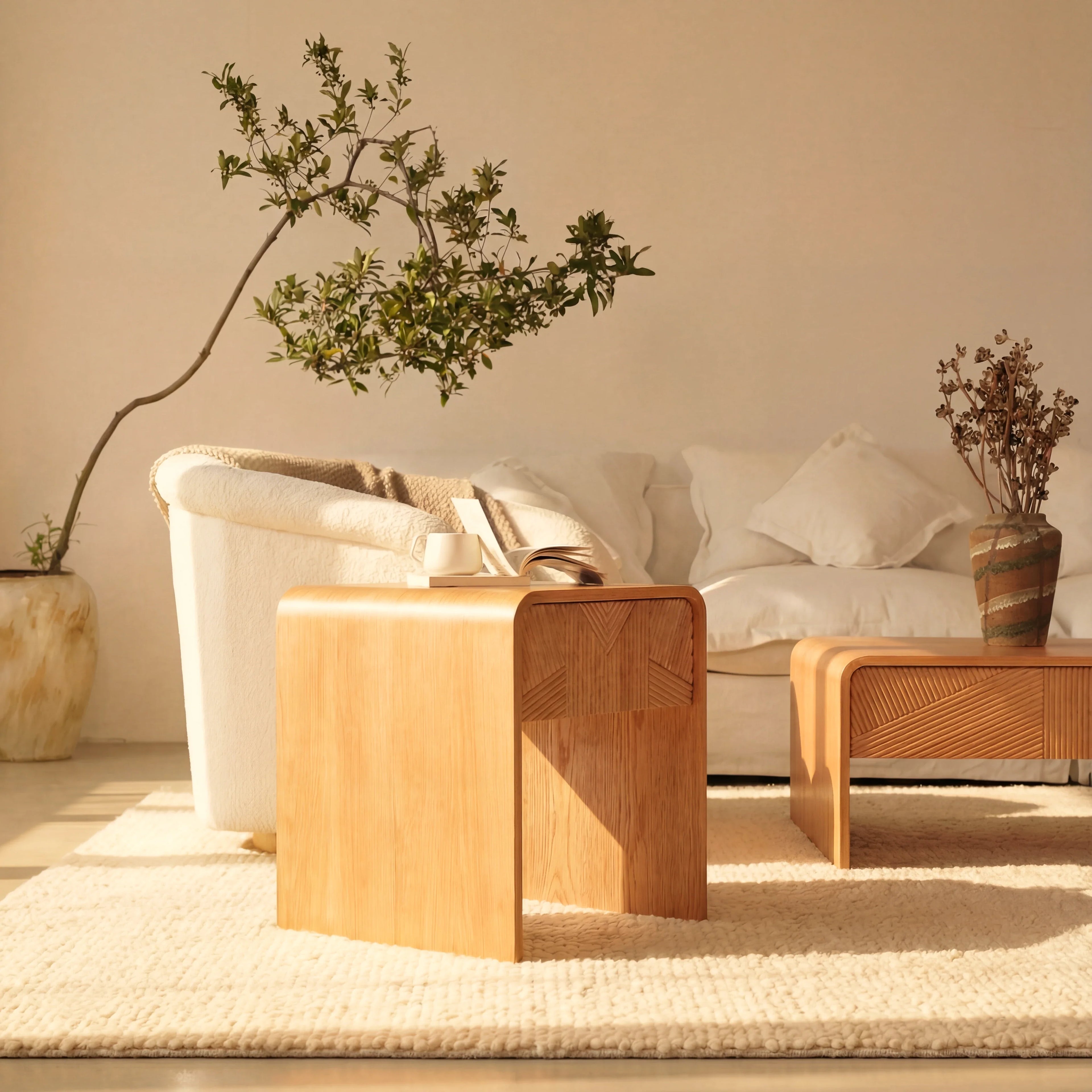 Vista Side Table White oak with sculpted slat detailing