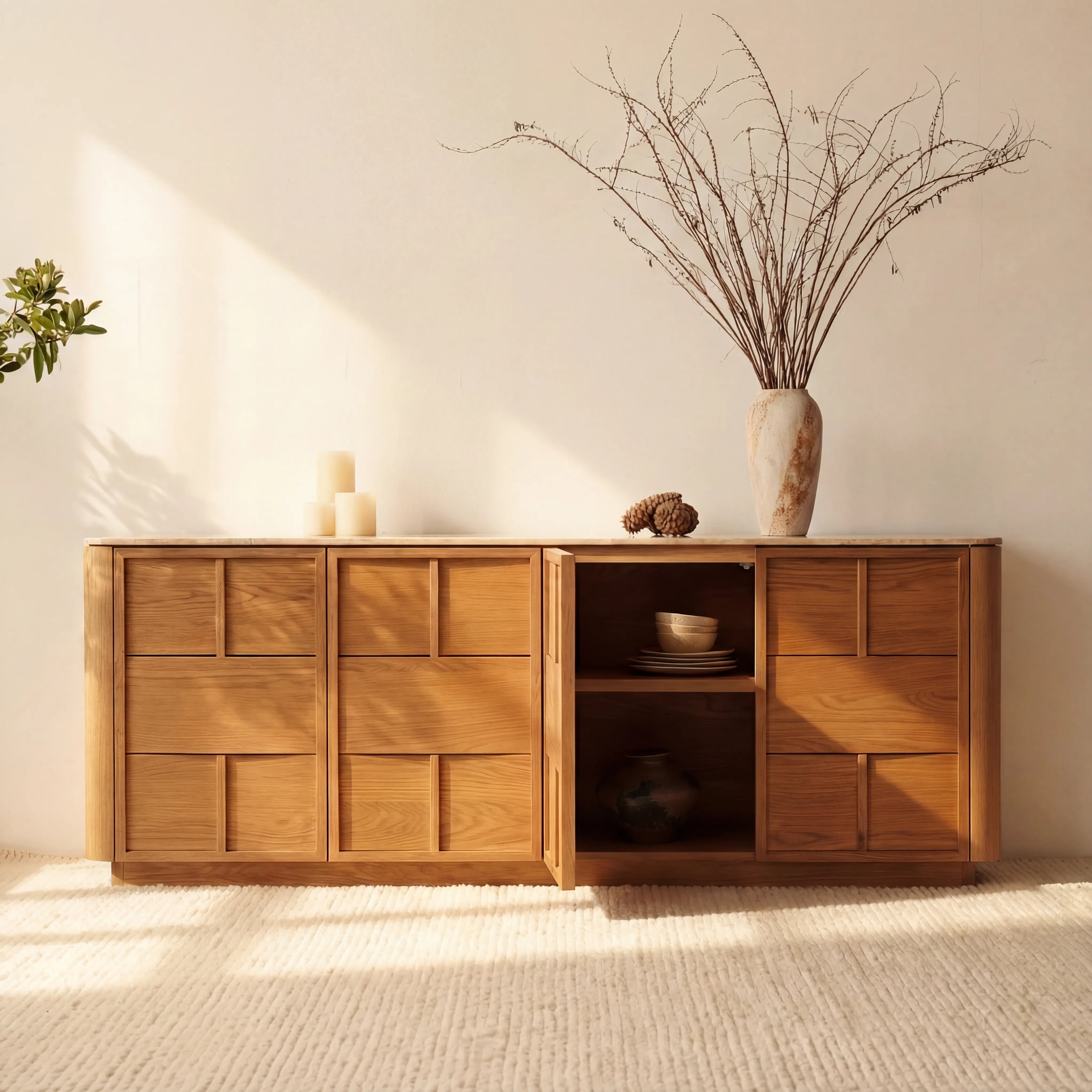 Hearth Sideboard Oak wood with travertine top