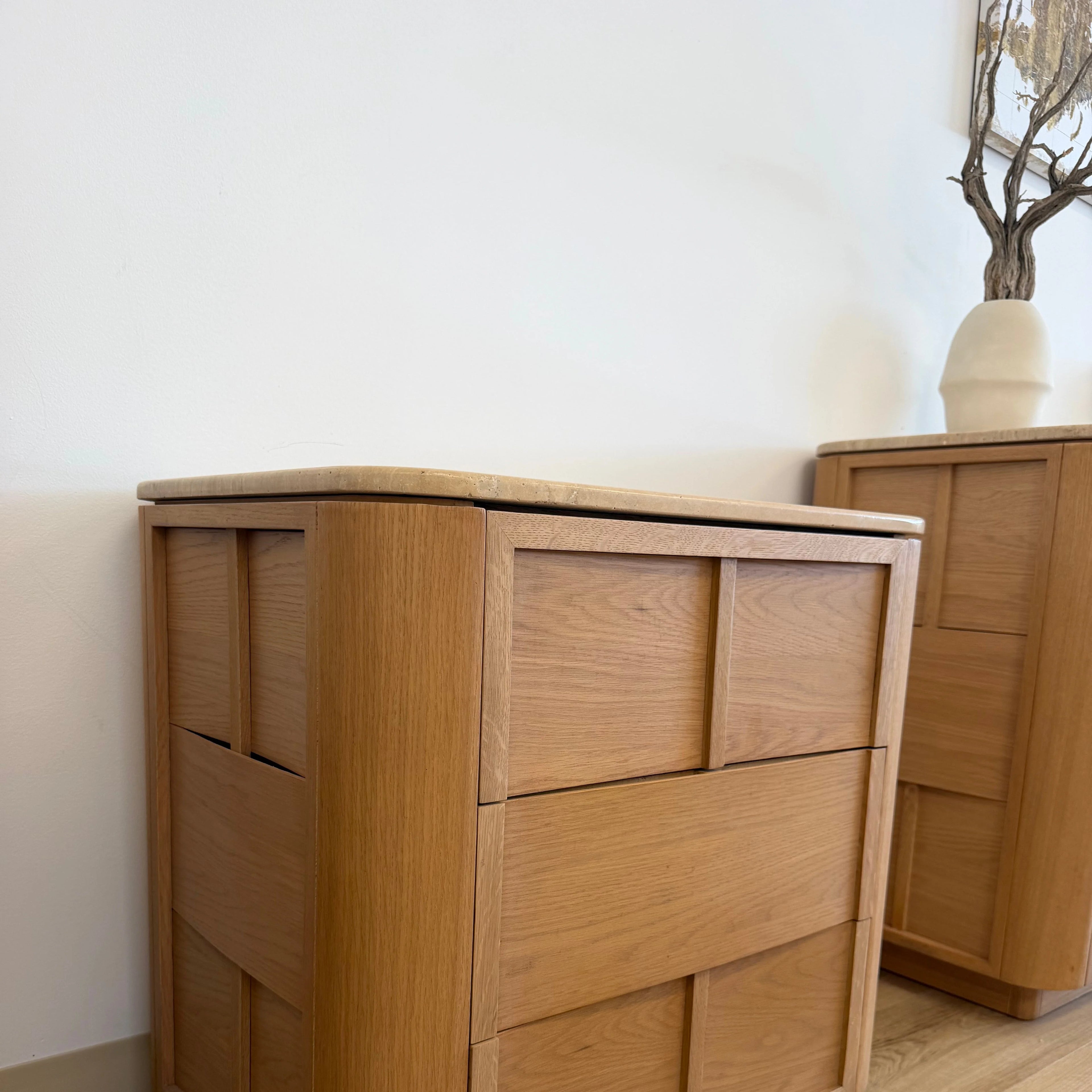 Hearth Bedside Table Oak wood with travertine top（karhyn studio sale）