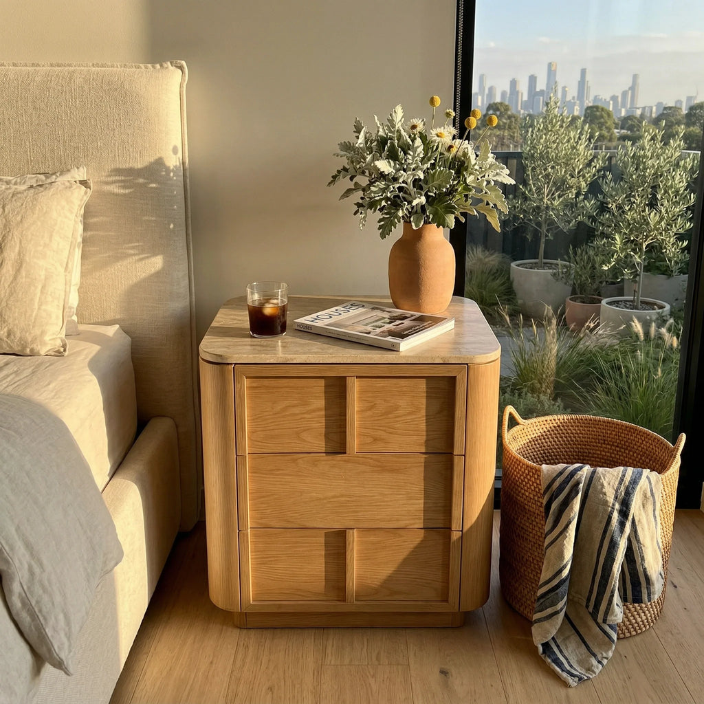 Hearth Bedside Table Oak wood with travertine top