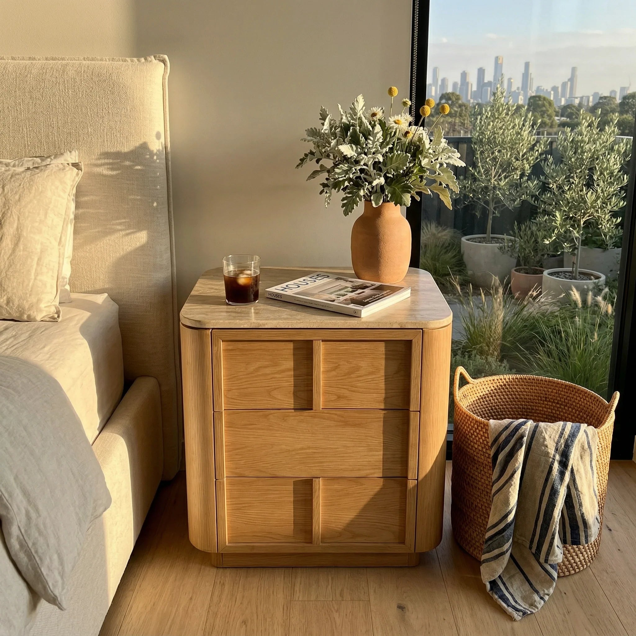 Hearth Bedside Table Oak wood with travertine top