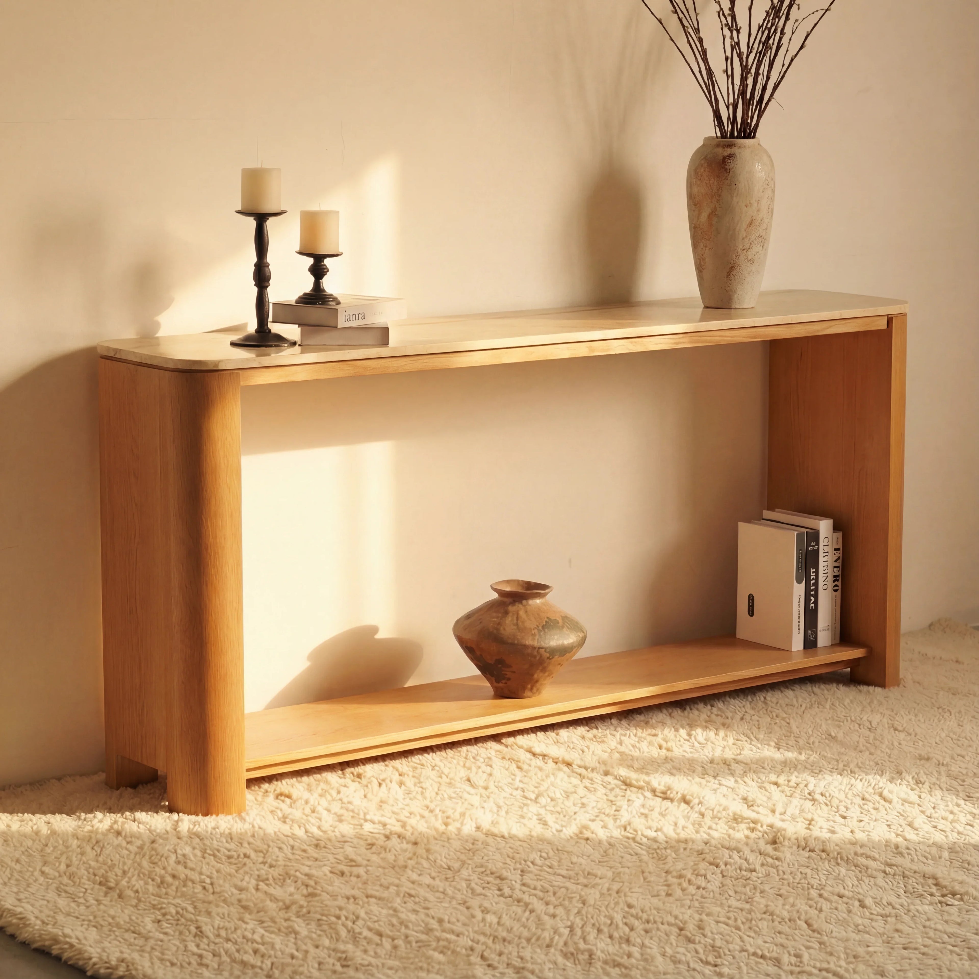 Ovelo Console Table Oak wood with travertine top