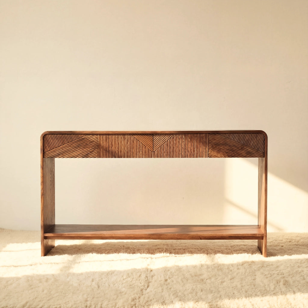 VISTA Console Table White oak with sculpted slat detailing