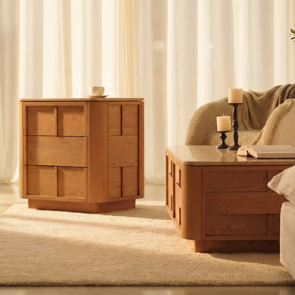 Hearth Bedside Table Oak wood with travertine top
