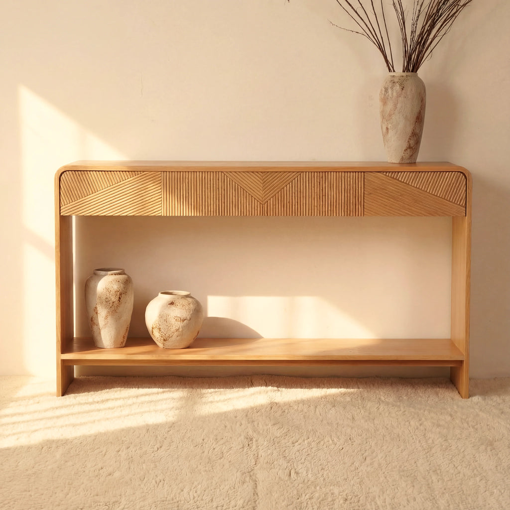VISTA Console Table White oak with sculpted slat detailing