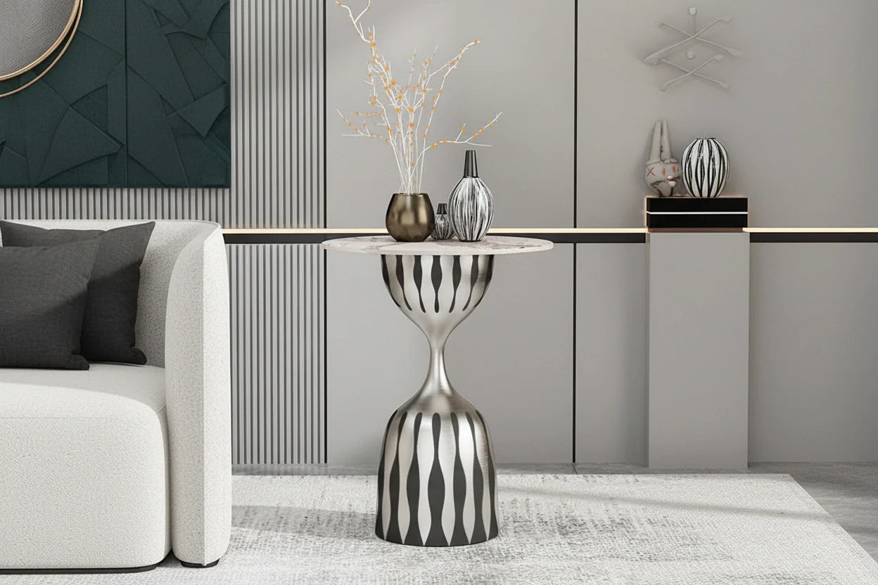 Modern Marble Top Side Table, Sculptural Pedestal Accent Table, Luxury Black White End Table for Living Room Bedroom in stock