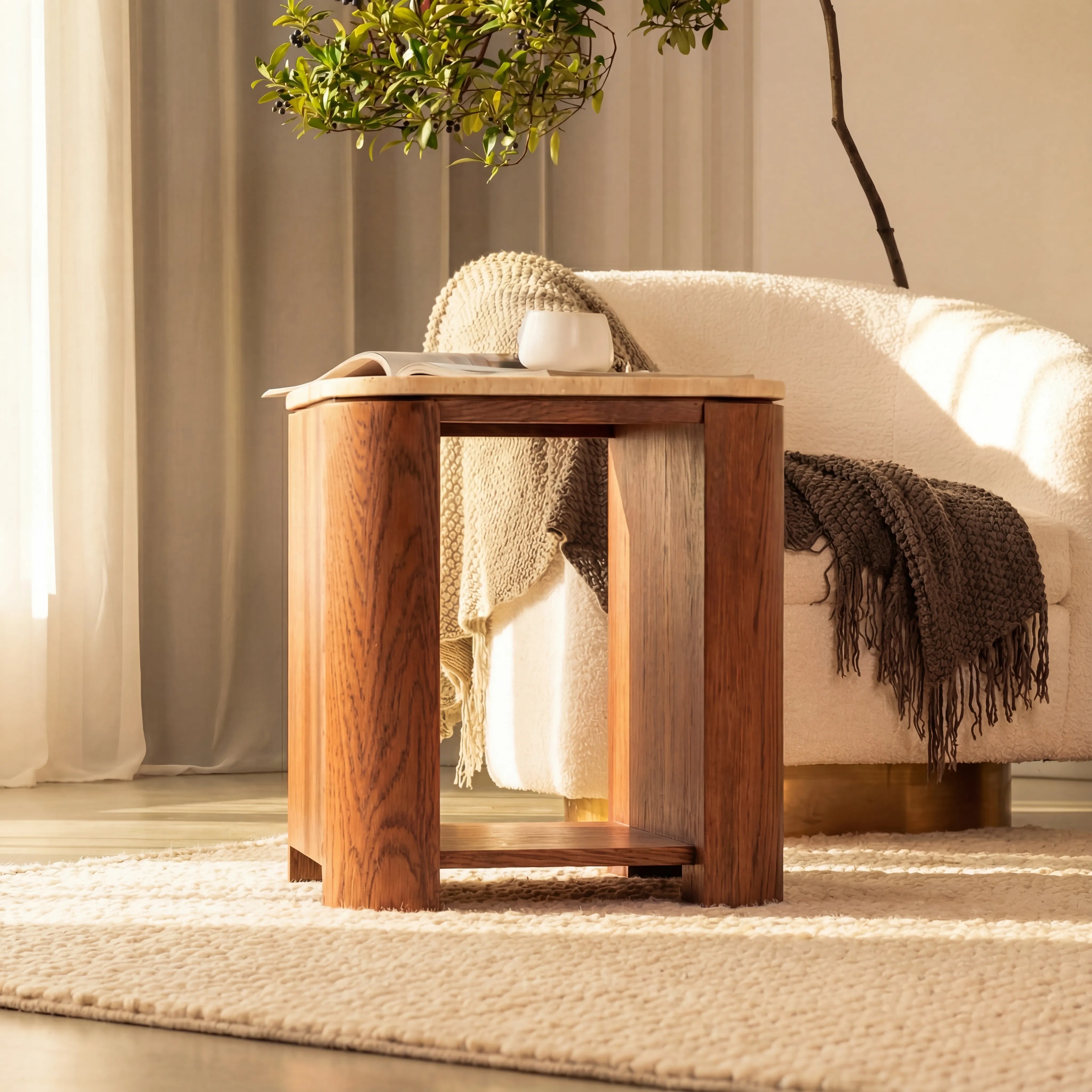 Ovelo Side Table Oak wood with travertine top