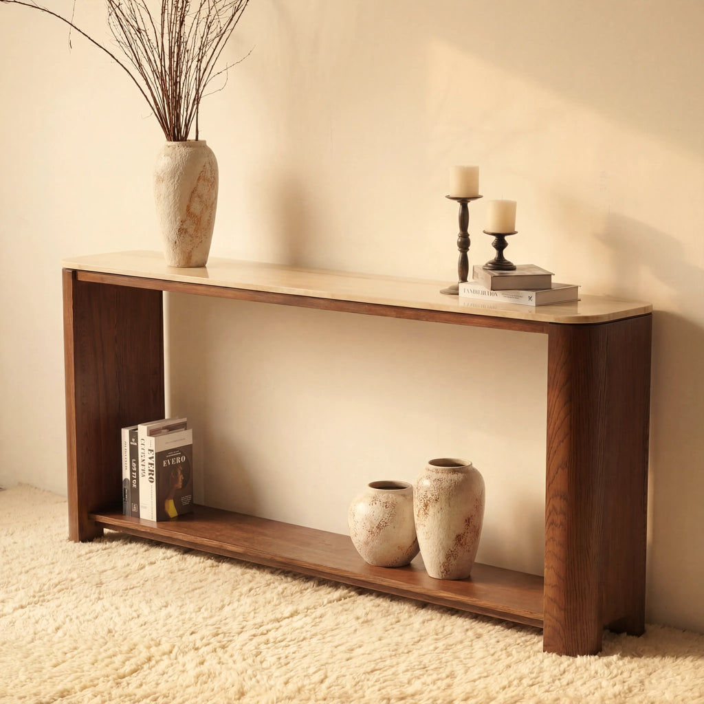 Ovelo Console Table Oak wood with travertine top